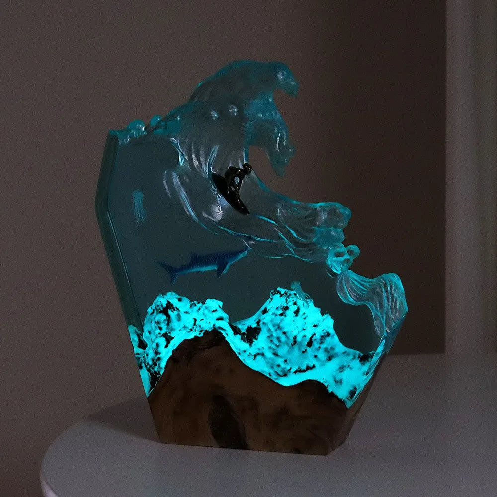 Deep Sea Resin Night Light Sea Turtle Shark Diver Figurines Seabed Tabletop Decor Christmas Gift