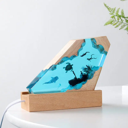 Deep Sea Resin Night Light Sea Turtle Shark Diver Figurines Seabed Tabletop Decor Christmas Gift